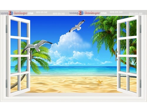 Tranh gạch 3d cửa sổ phong cảnh bãi biển 25