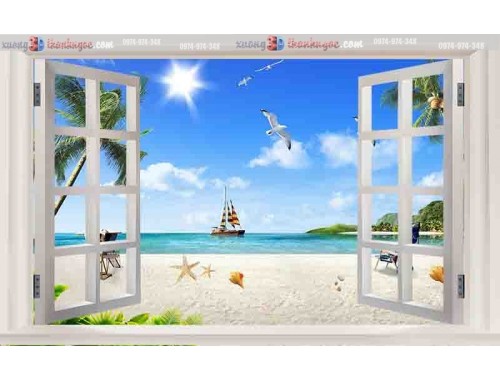 Tranh gạch 3d cửa sổ bãi biển cây dừa 42