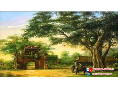 Tranh sơn dầu cổng làng cây đa