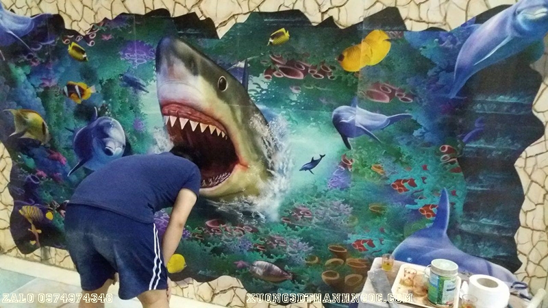 Thi công tranh gach 3D cá mập