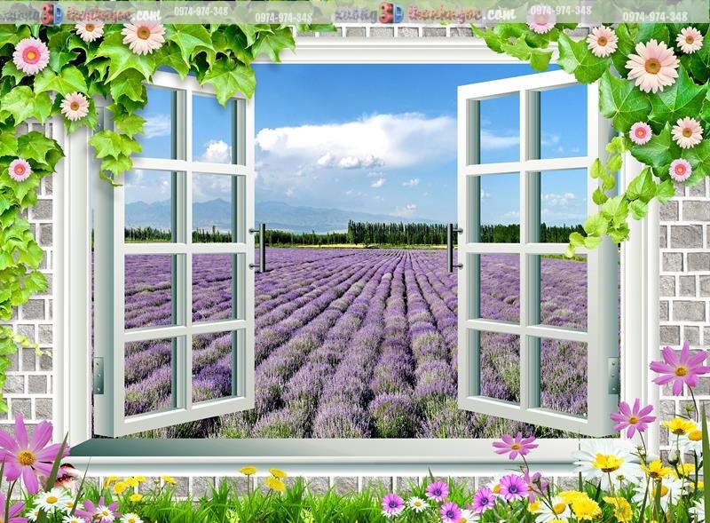 tranh gạch 3d cửa sổ vườn hoa oải hương