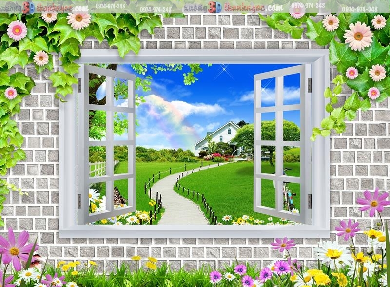 Tranh gạch 3d cửa sổ phong cảnh hoa