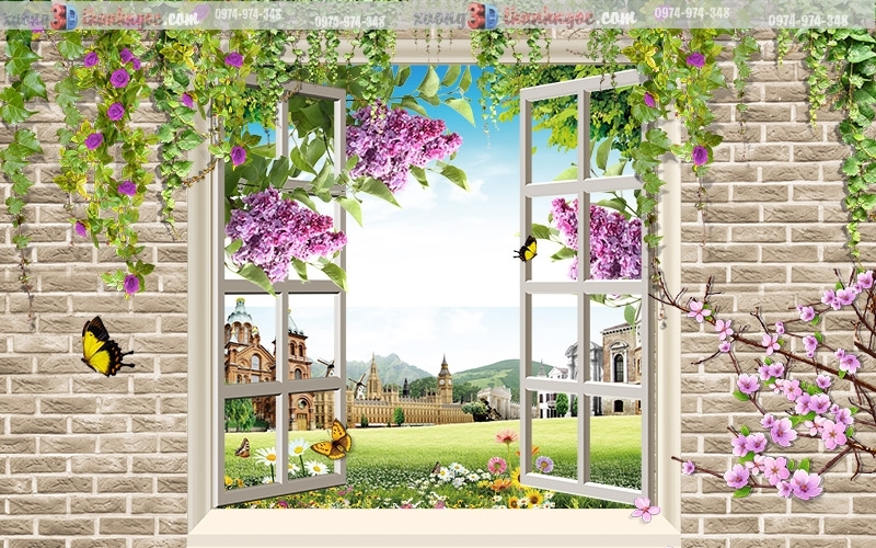 Tranh gạch 3d cửa sổ  hoa cánh đồng 12