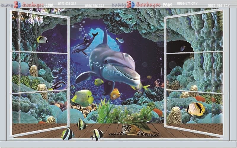 tranh gạch 3d cửa sổ đại dương cá heo