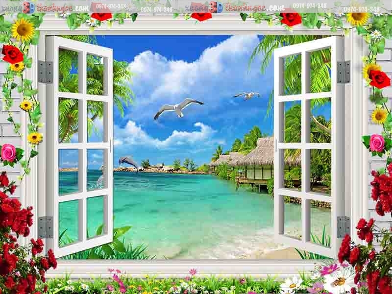 Tranh gạch 3d cửa sổ phong cảnh bãi biển 22