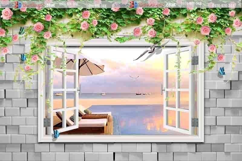 Tranh gạch 3d cửa sổ phong cảnh bãi biển 30