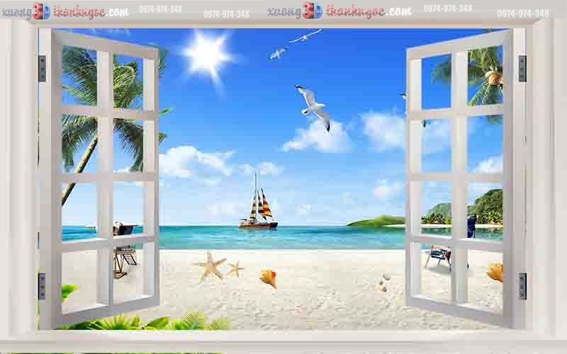 Tranh gạch 3d cửa sổ bãi biển cây dừa 42