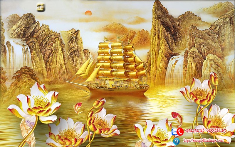 tranh gạch 3d thuyền buồm vàng